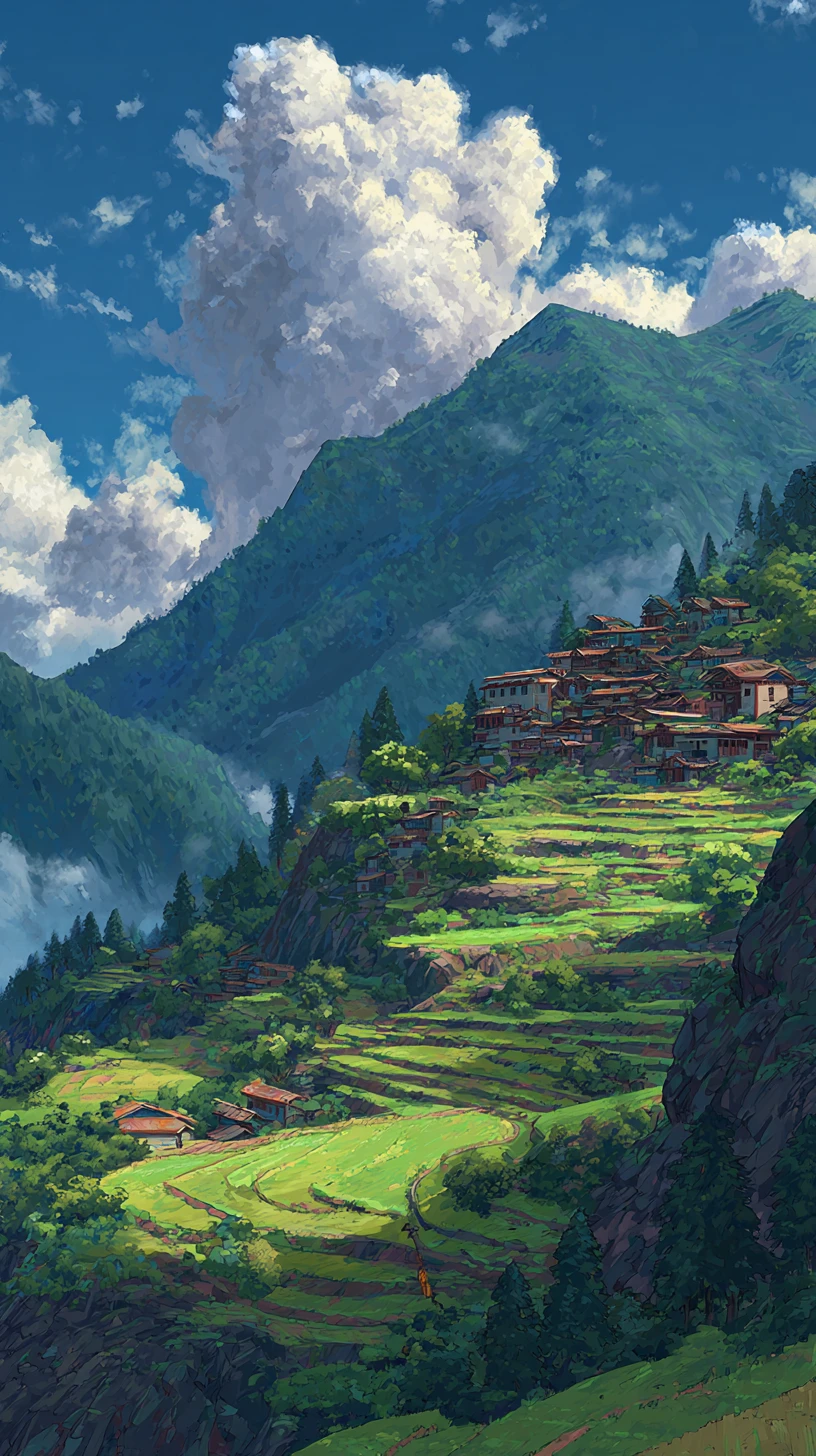 Village de montagne façon anime entre collines en terrasses et sommets brumeux
