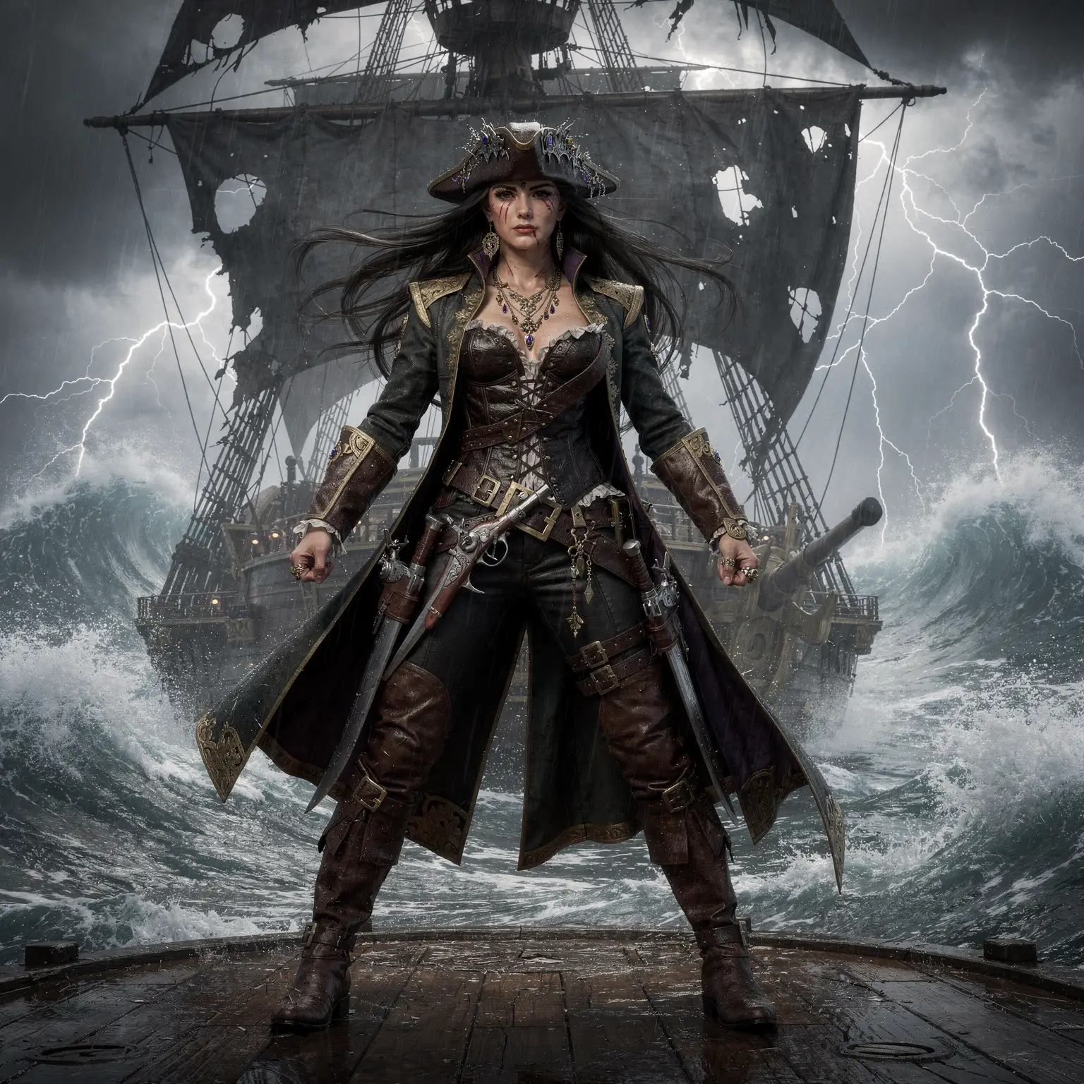 Regina pirata dark fantasy al timone di una nave da guerra