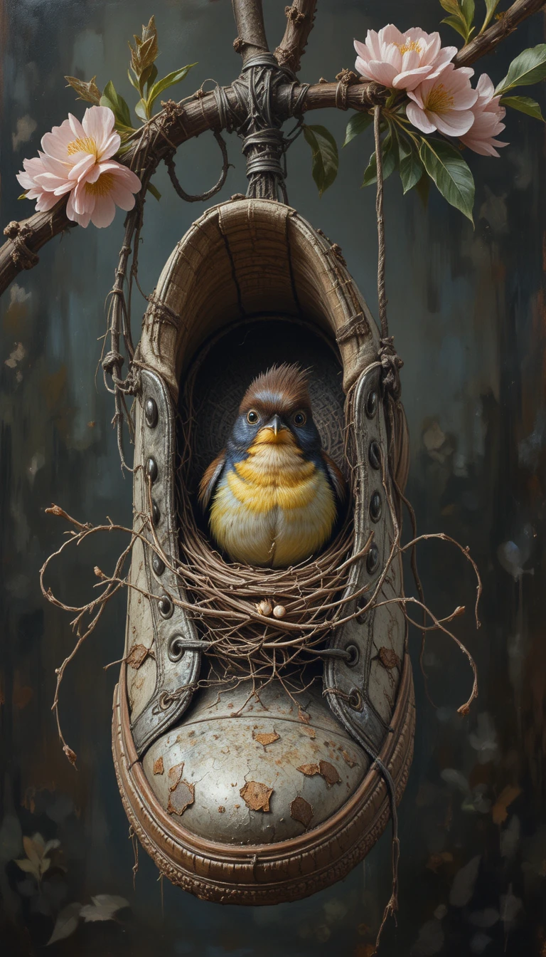 Pintura a óleo de um pássaro fazendo ninho em um tênis velho pendurado