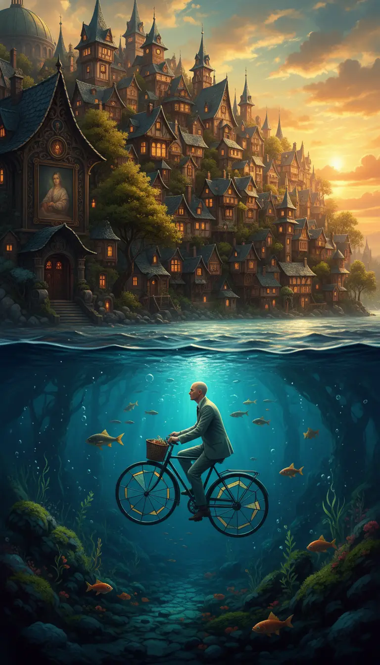 Mann, der durch ein surreales Dorf über schimmerndem Wasser radelt