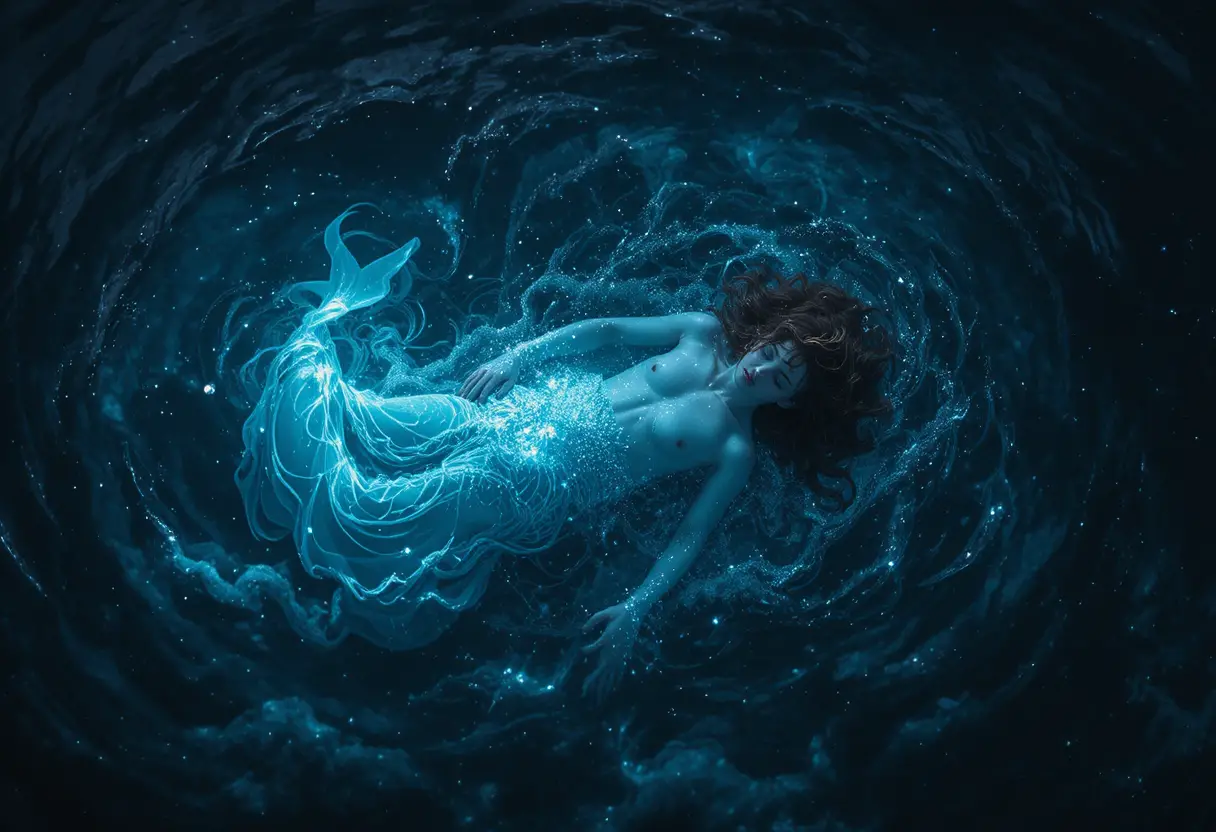 Donna serena che fluttua sopra le luminose acque profonde della notte