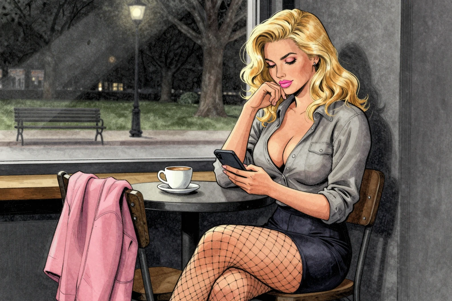 Nachdenkliche blonde Frau am Caféfenster bei Nacht