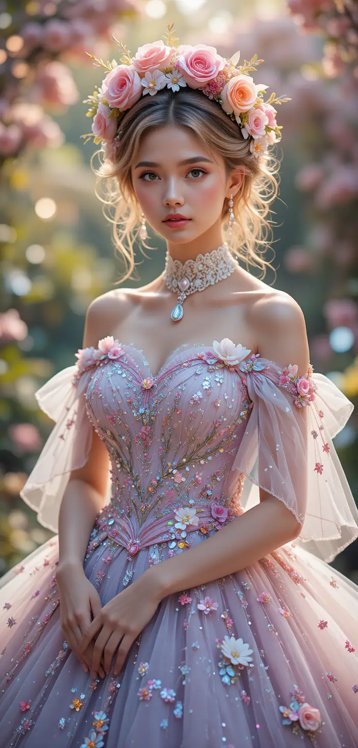 Blumenprinzessin im lavendelfarbenen Kleid im magischen Garten