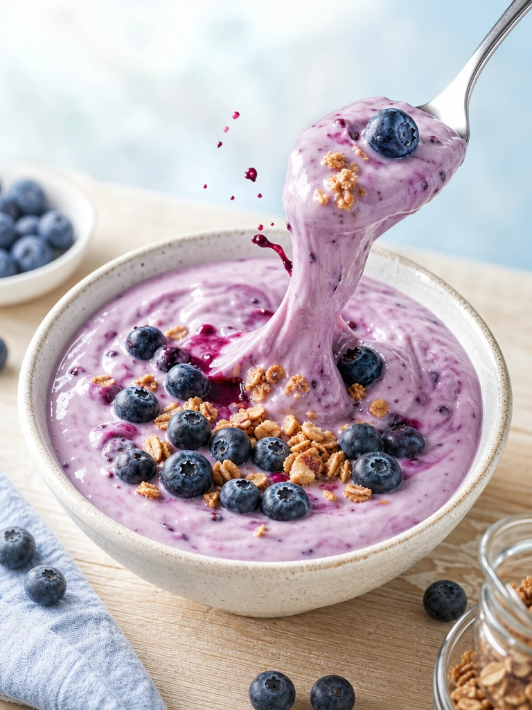 Creamy blueberry yogurt bowl with granola at breakfast