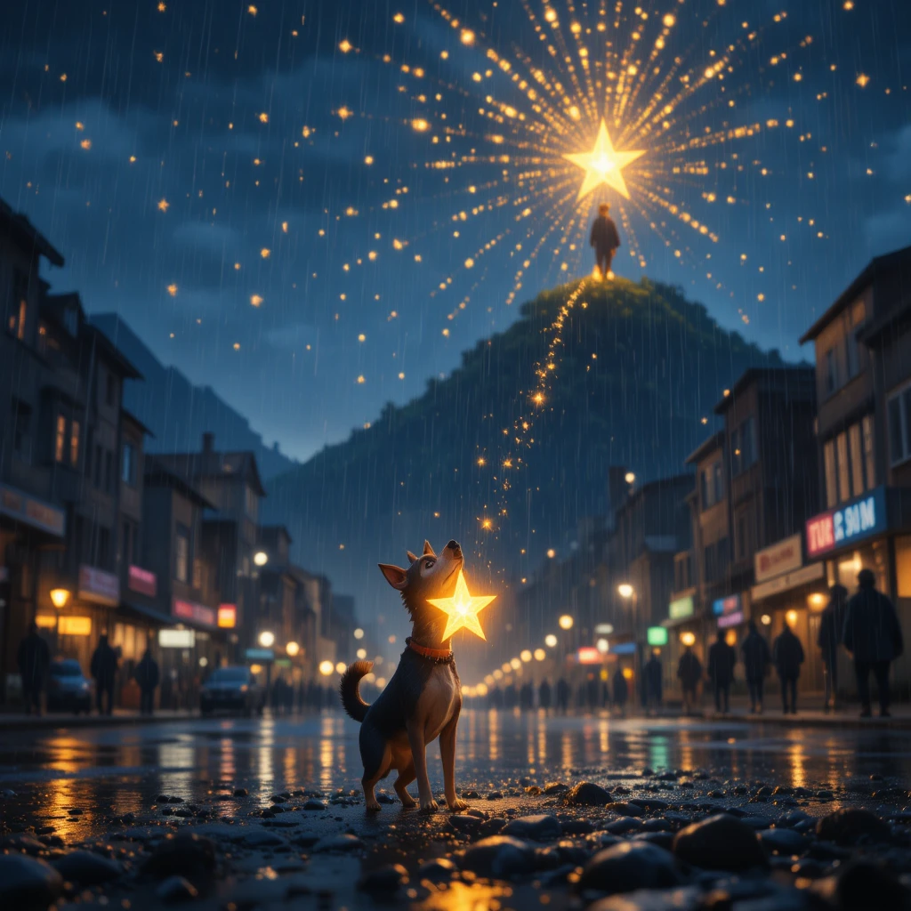 Cão de rua pequeno carregando uma estrela brilhante à noite