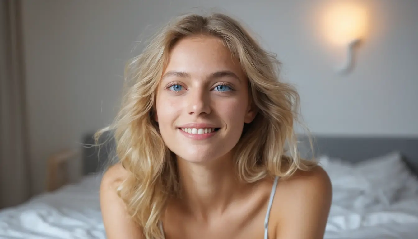 Mujer rubia sentada en una cama moderna a la suave luz del día
