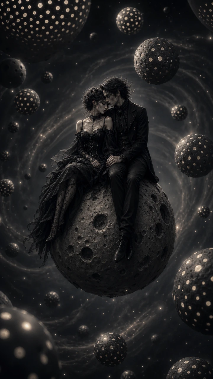 Coppia gotica su una piccola luna nello spazio esterno surreale