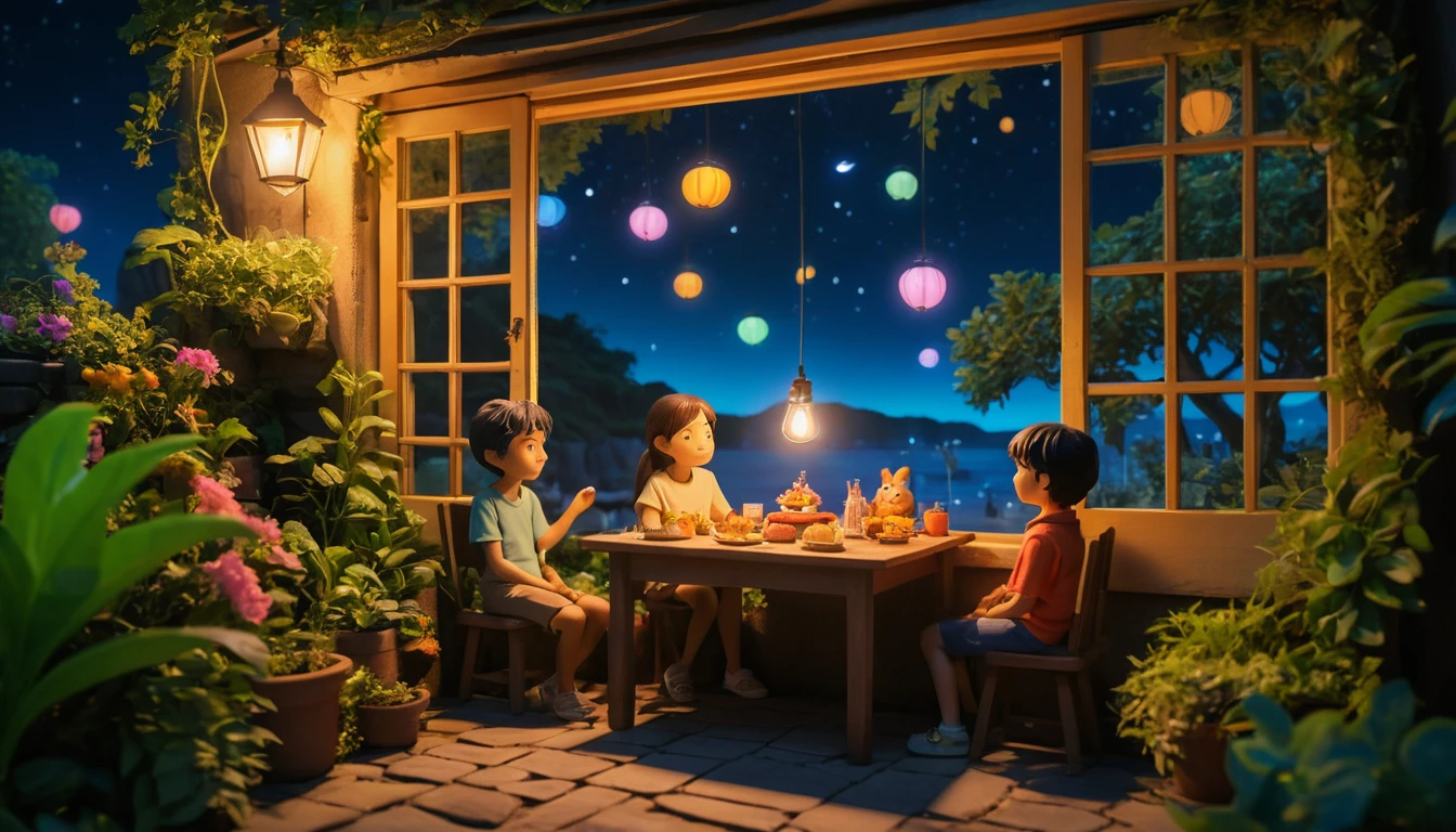 Enfant jouant sur une tablette dans une chambre cosy de style dessin animé