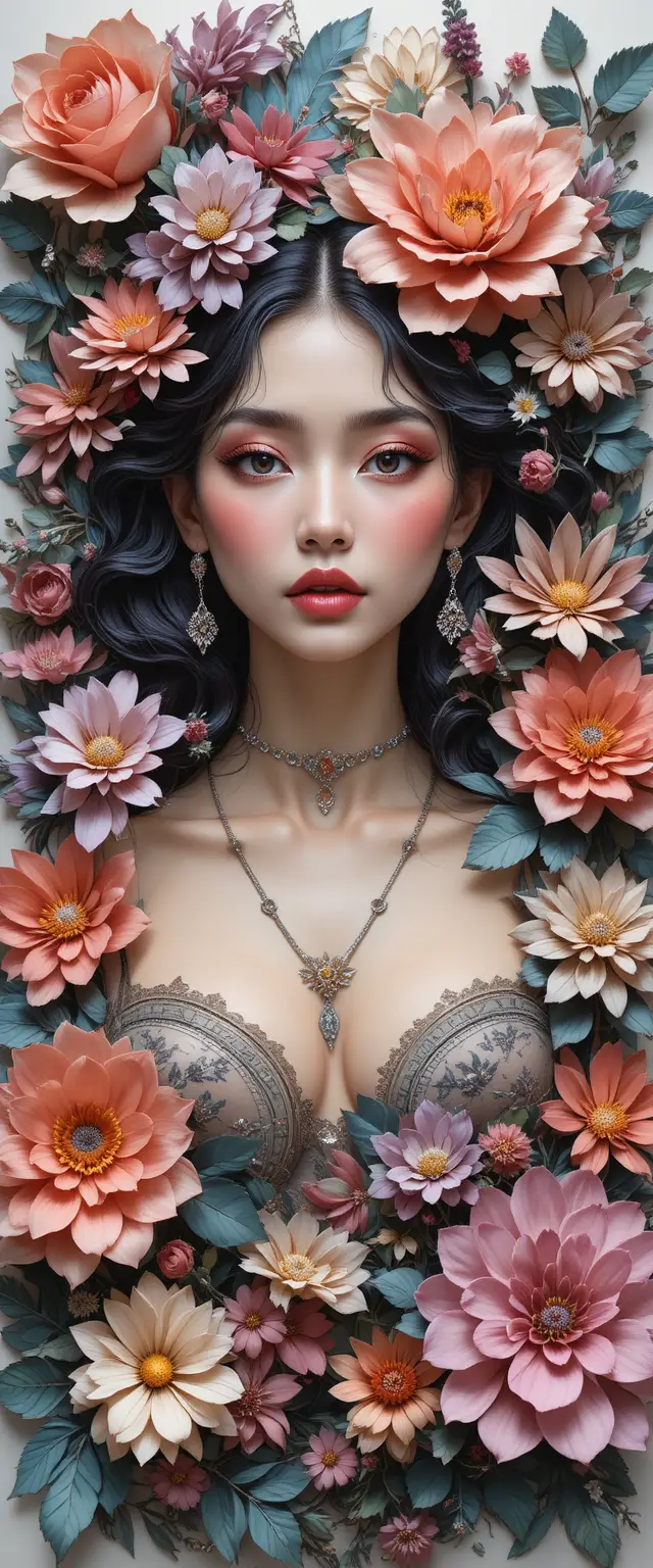 Sinnliches florales Frauenporträt im zarten Paper-Art-Stil