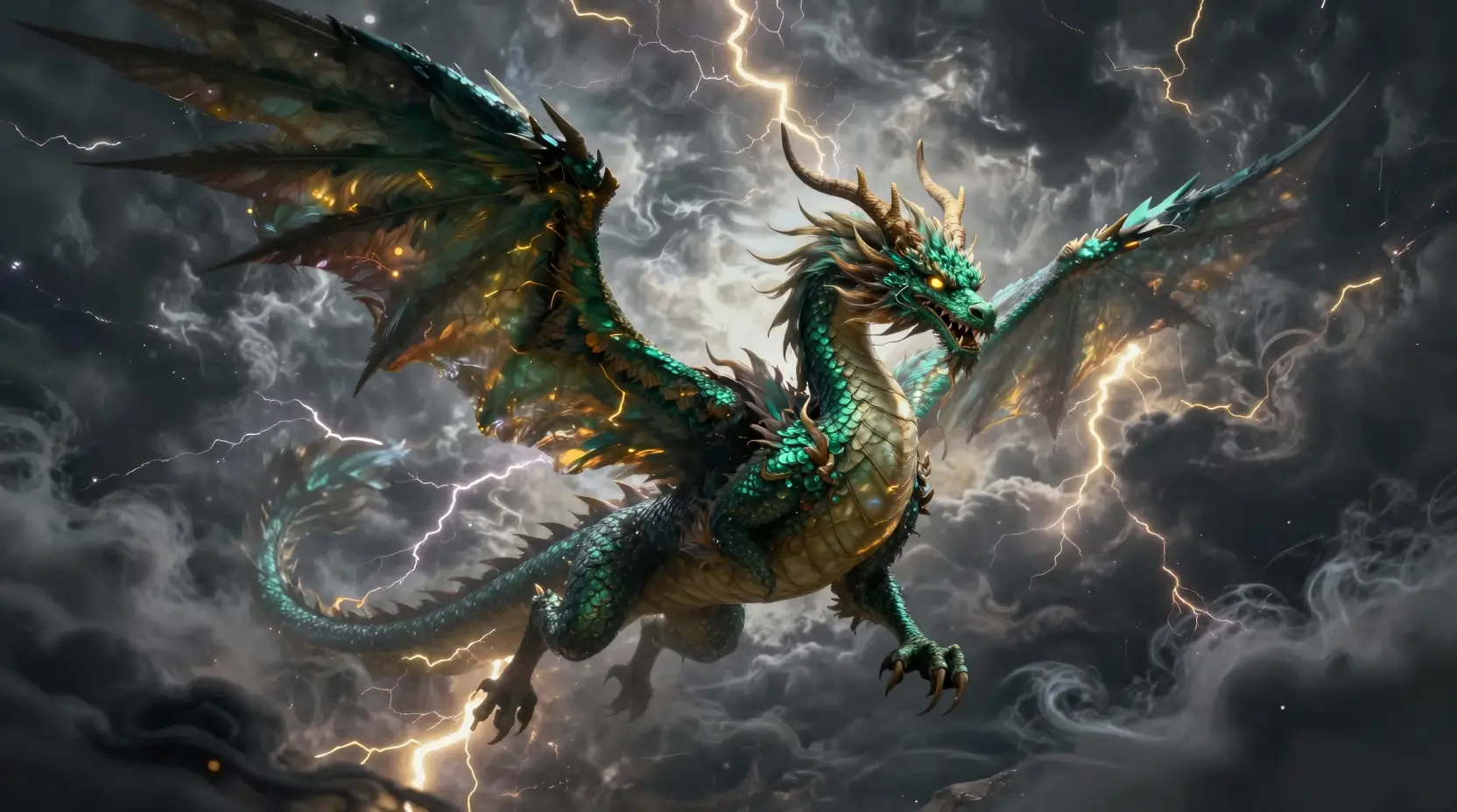 Geflügelter chinesischer Drache fliegt durch einen tobenden Sturm