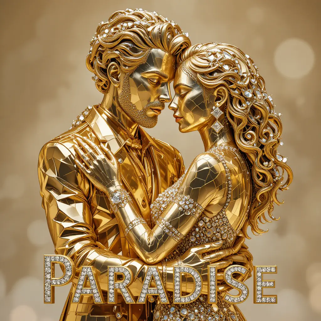 Goldenes Paar in facettierter 3D-Umarmung mit „Paradise“-Schriftzug