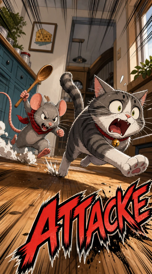 Rato Perseguindo um Gato em Ilustração de Desenho Animado Divertida