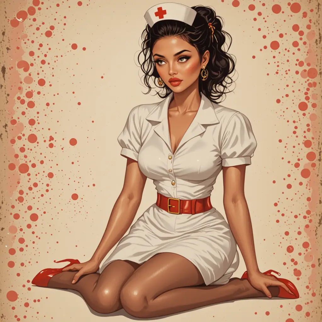 Verspielte Vintage-Pin-up-Krankenschwester in roten High Heels und Nylonstrümpfen