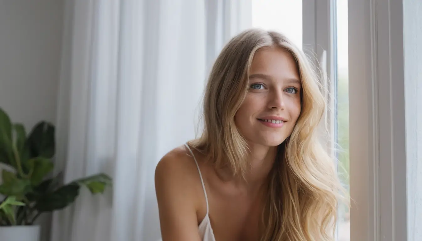 Mujer rubia sonriendo suavemente en una cama moderna
