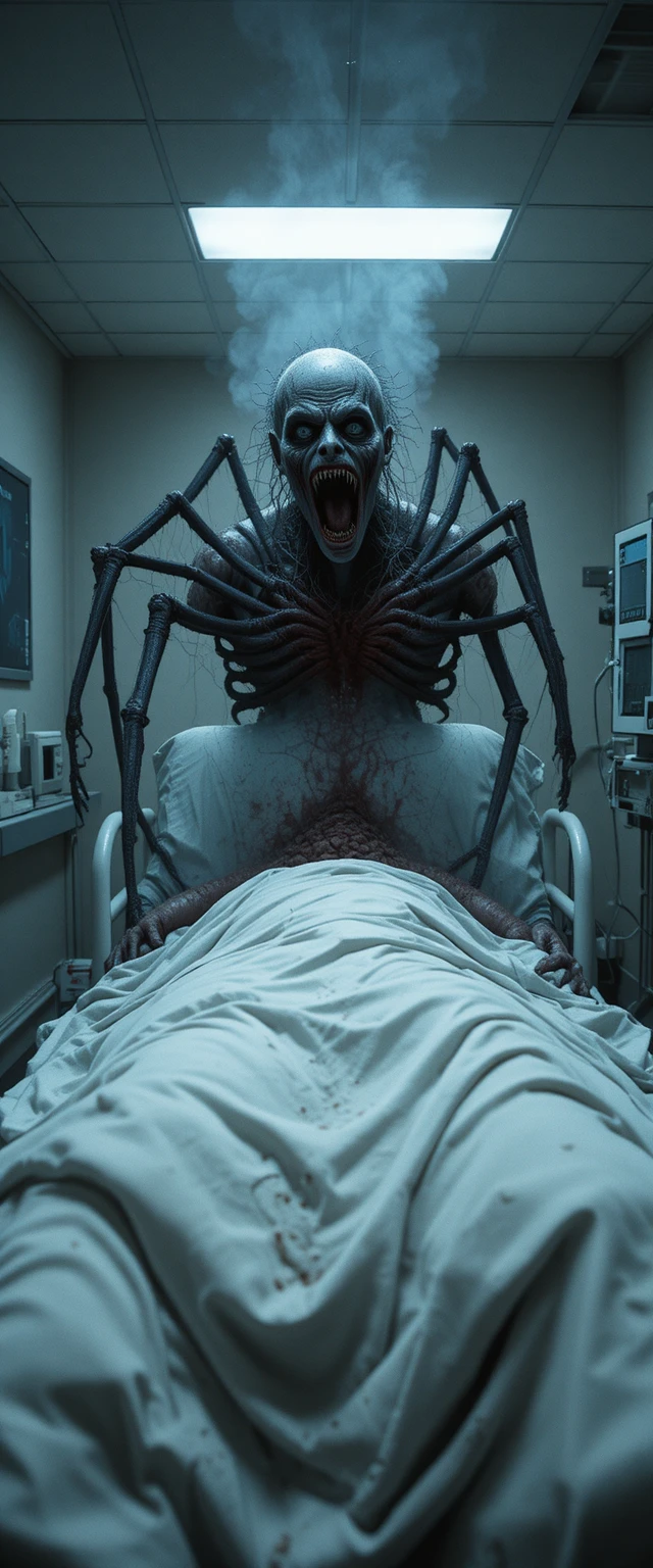 Monstro grotesco de hospital em uma cena de pesadelo claustrofóbico