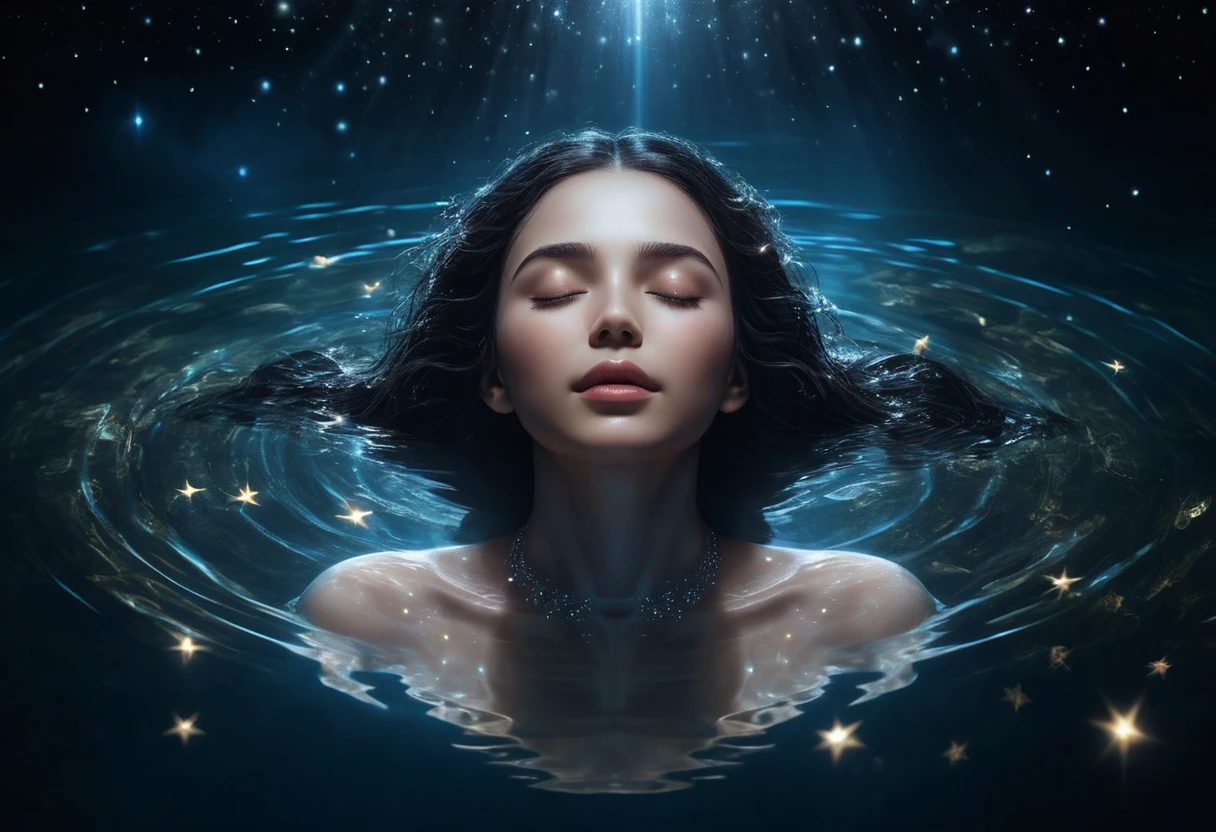 Mujer mística flotando sobre agua luminosa bajo un cielo estrellado