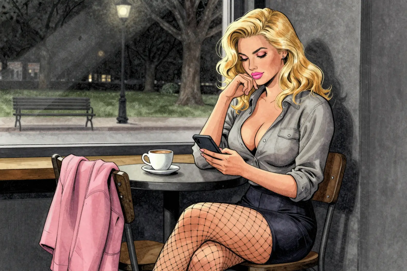 Thoughtful blonde woman at a cafe window at night
