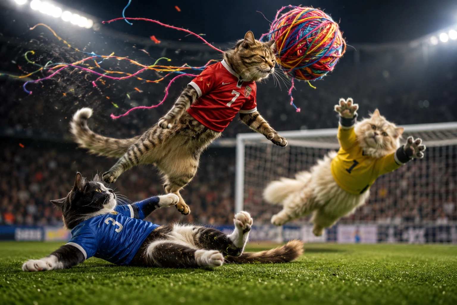 Gatos jogando futebol com um novelo de lã gigante sob refletores
