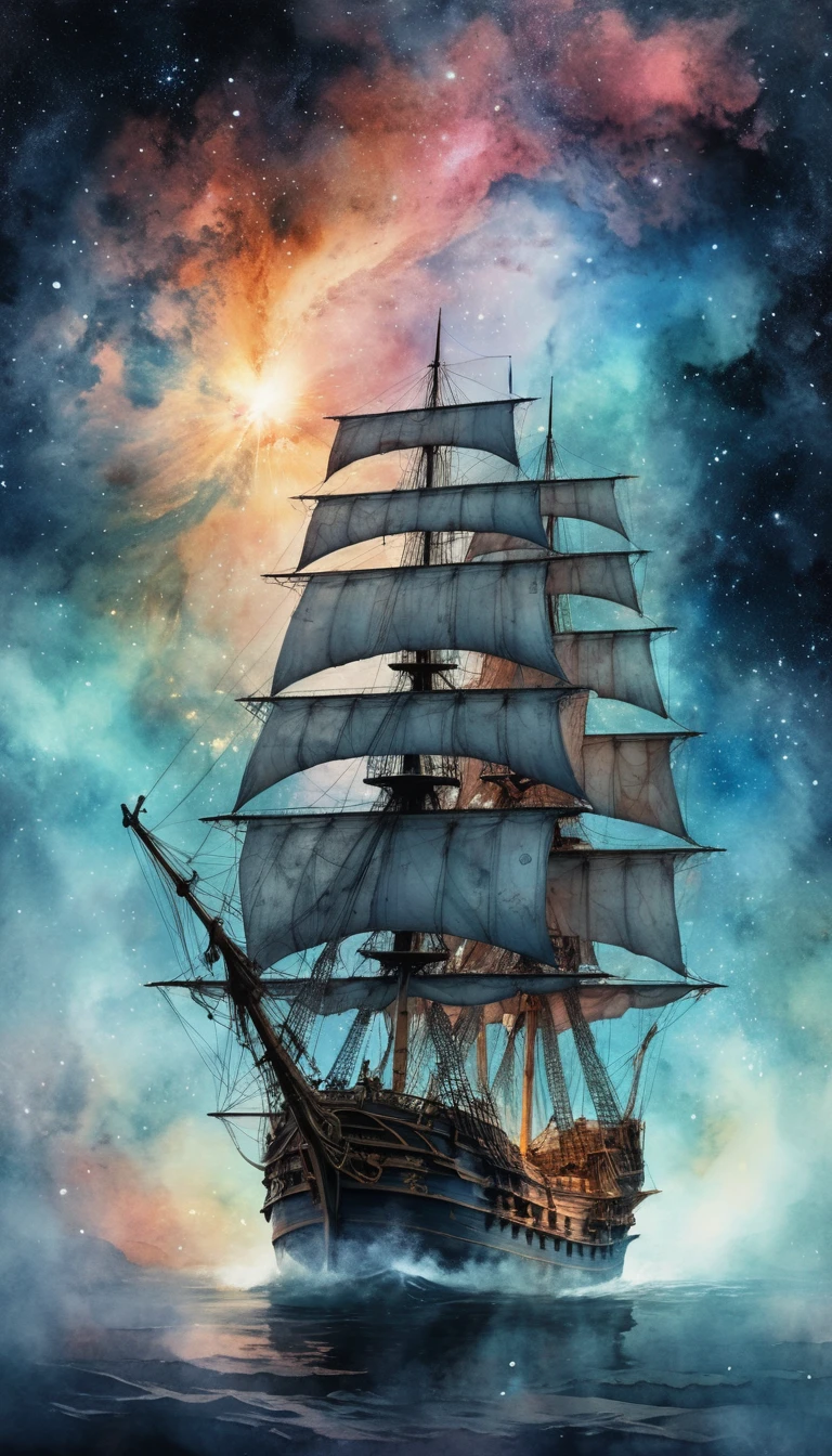 Galé fantasmagórica navegando por uma nebulosa cósmica brilhante