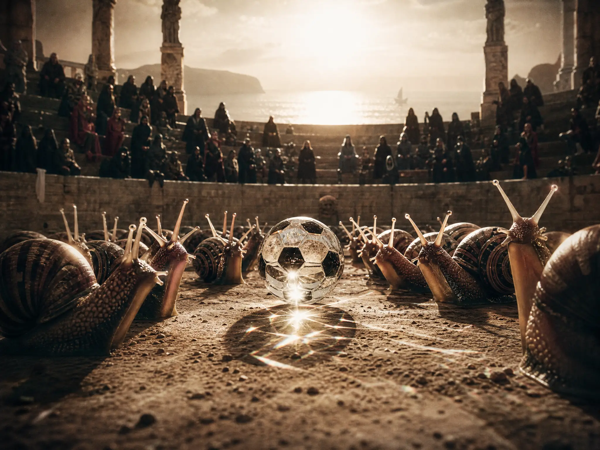 Partido surreal de fútbol de caracoles en una arena cinematográfica vintage