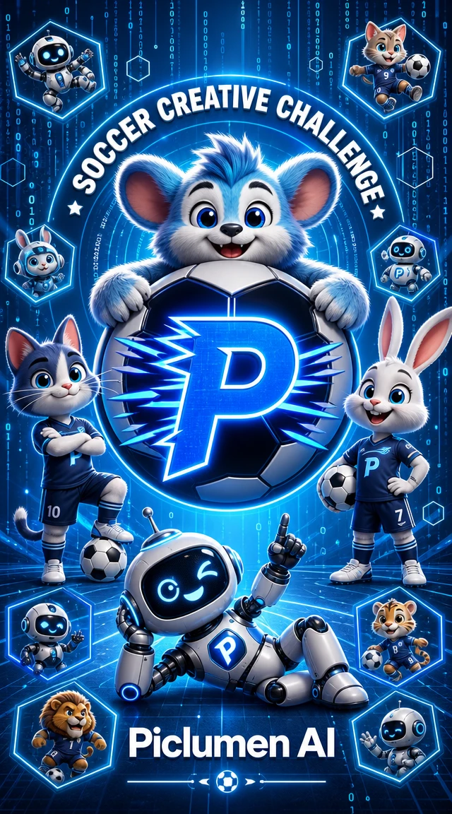 Pôster de futebol futurista com logotipo P brilhante e mascote