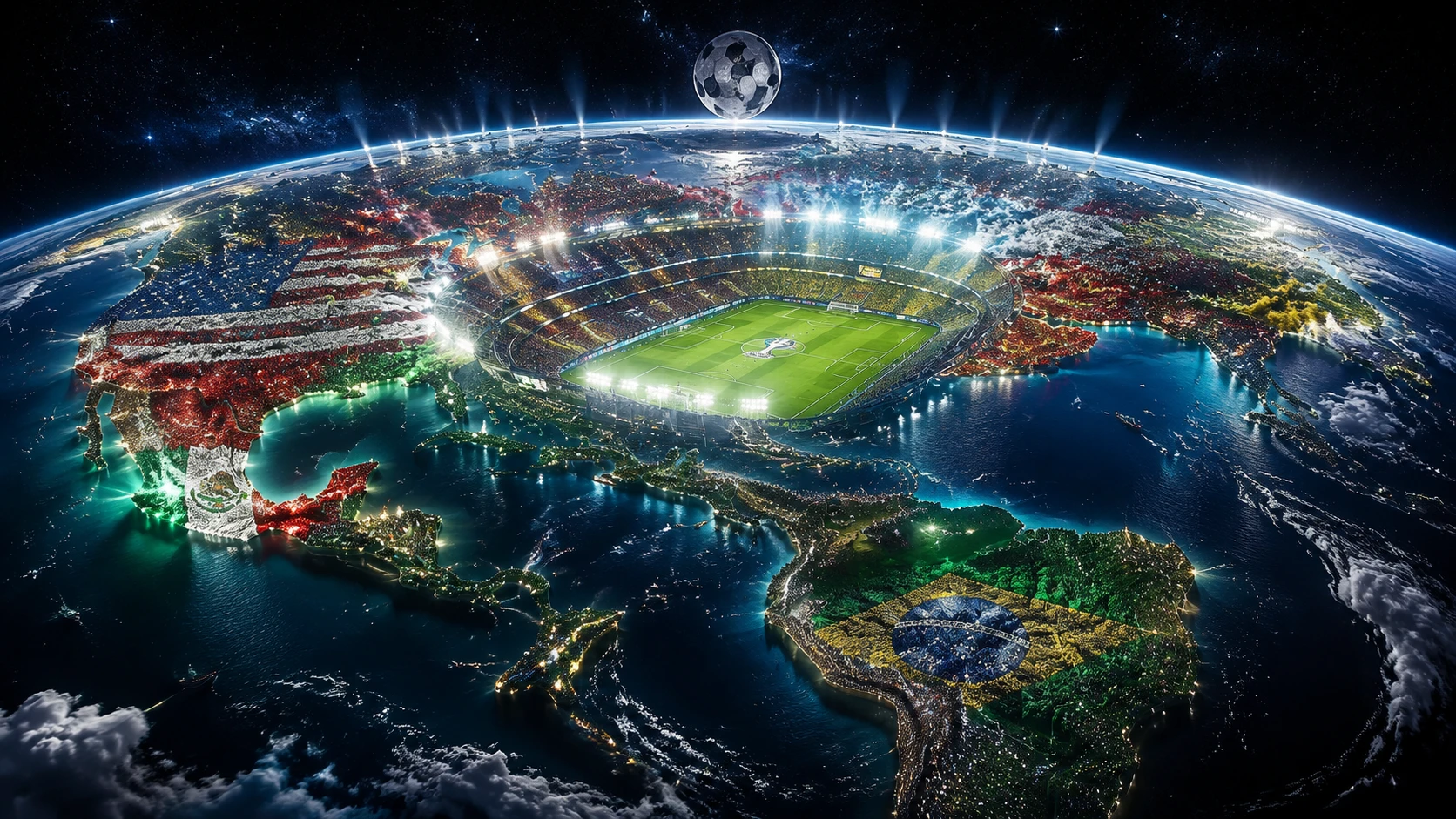 Planet Erde als riesiges Fußball-WM-Stadion