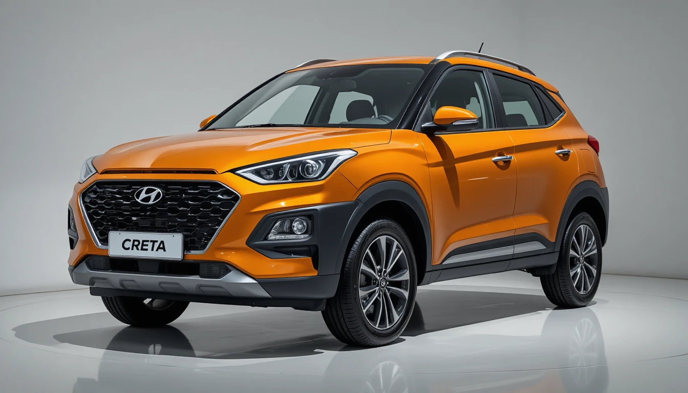 Carro laranja em showroom moderno com fundo branco brilhante