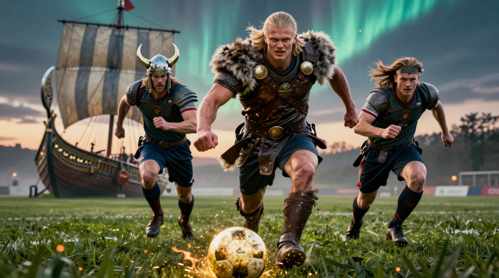 Guerreiros vikings do futebol avançando pelo campo iluminado do estádio