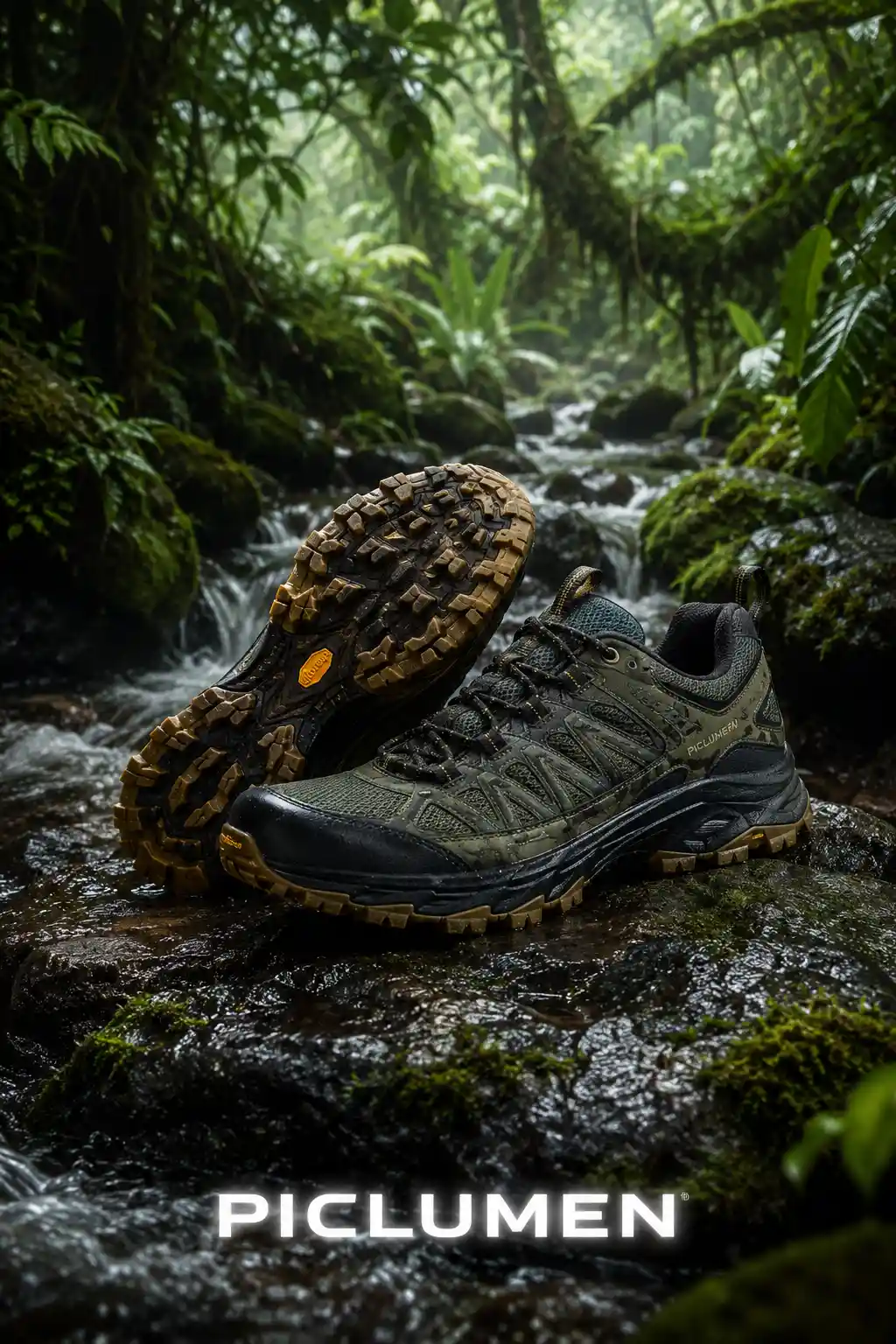Trail running shoes on wet rainforest rock with stream