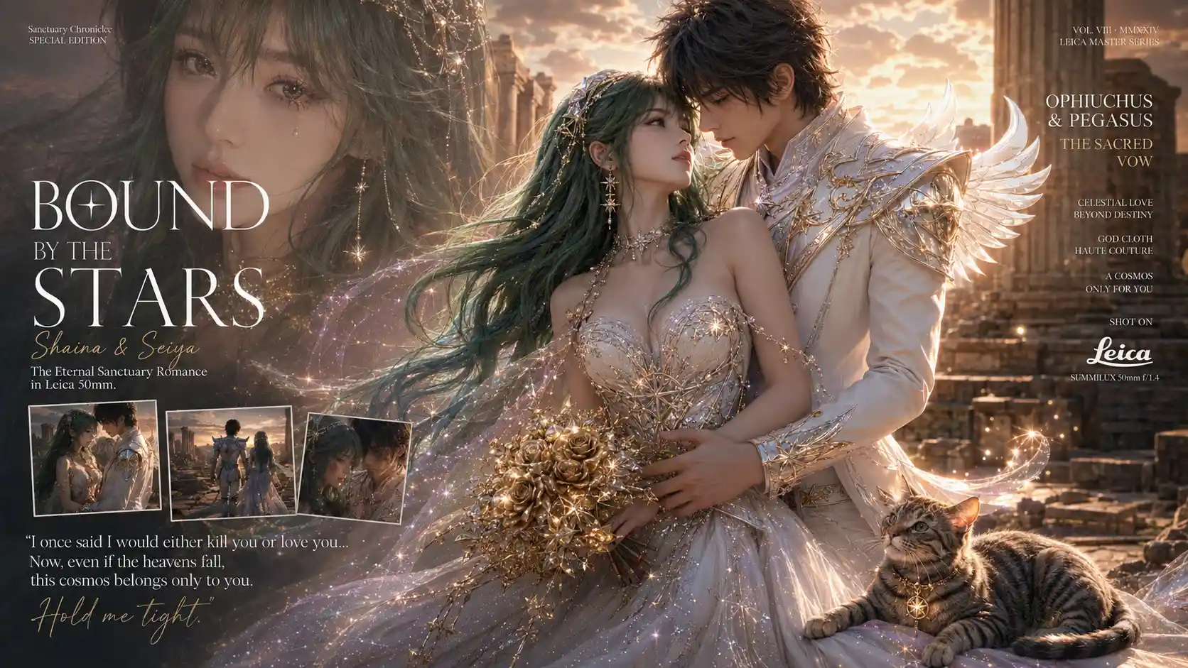 Cinematic bridal embrace at a ruined sanctuary temple