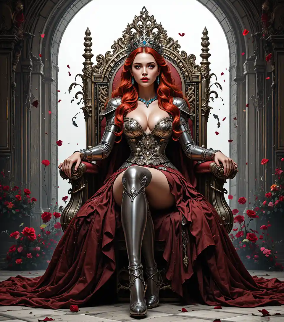 Rainha de fantasia de cabelos escarlates em um trono medieval ornamentado