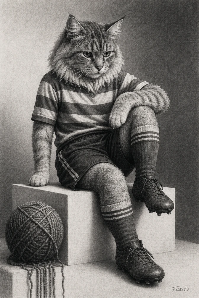 Desenho em grafite de um gato contemplativo em uniforme de futebol americano