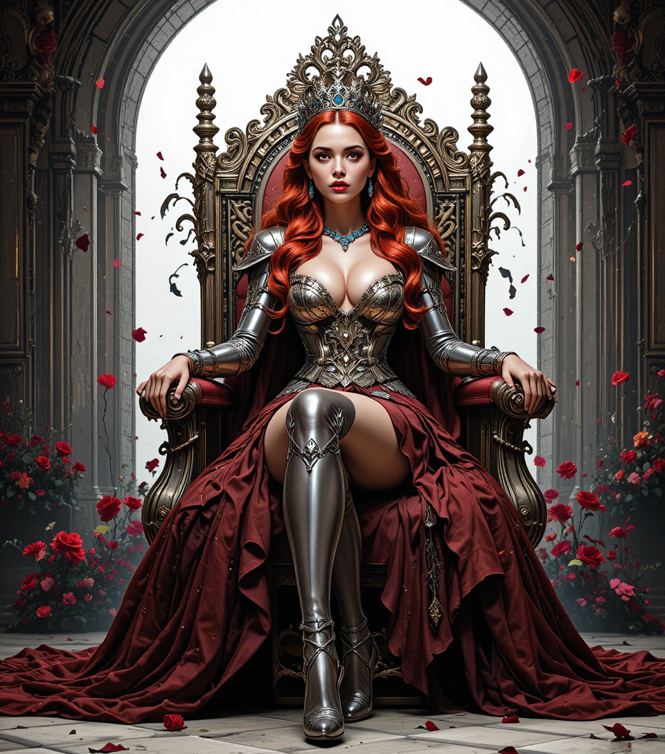 Rainha de fantasia de cabelos escarlates em um trono medieval ornamentado