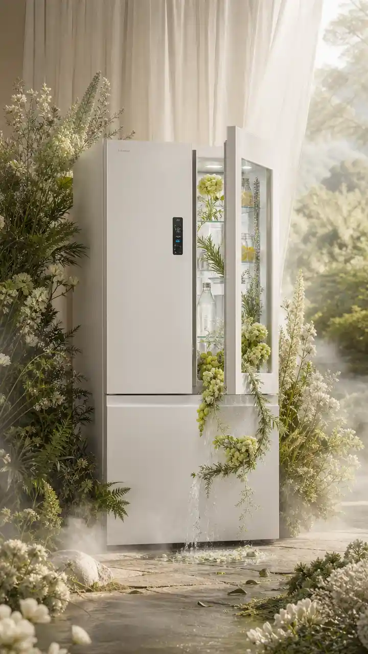 Minimalist white French door fridge in tranquil meadow terrace