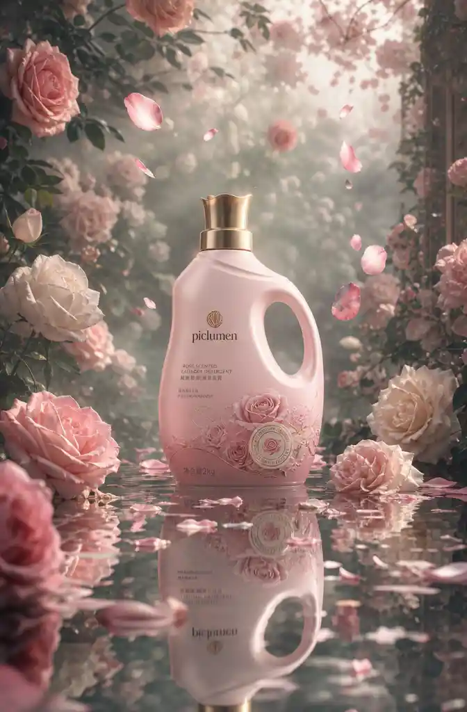 Rose detergent bottle product photo with floral background