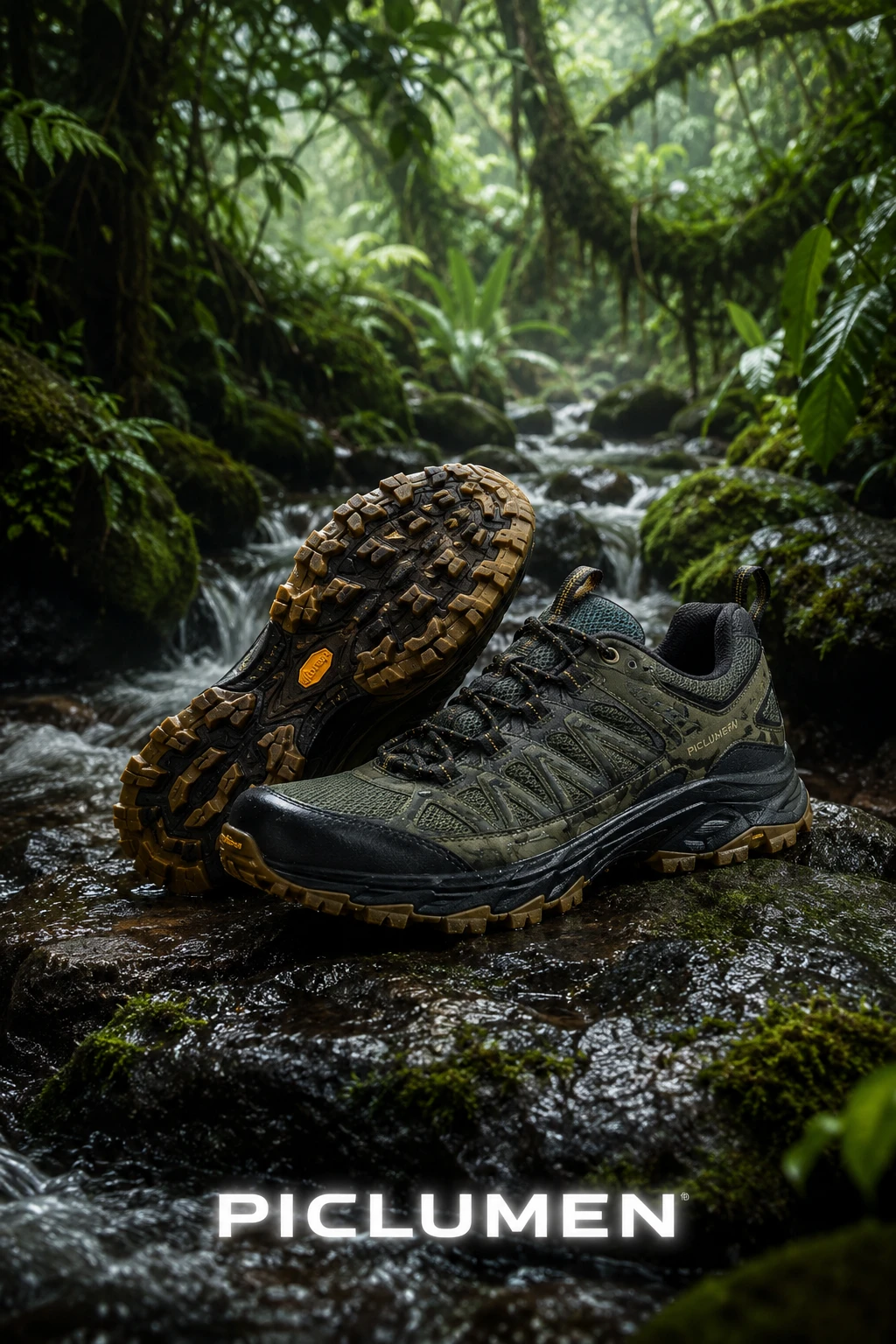 Trail running shoes on wet rainforest rock with stream