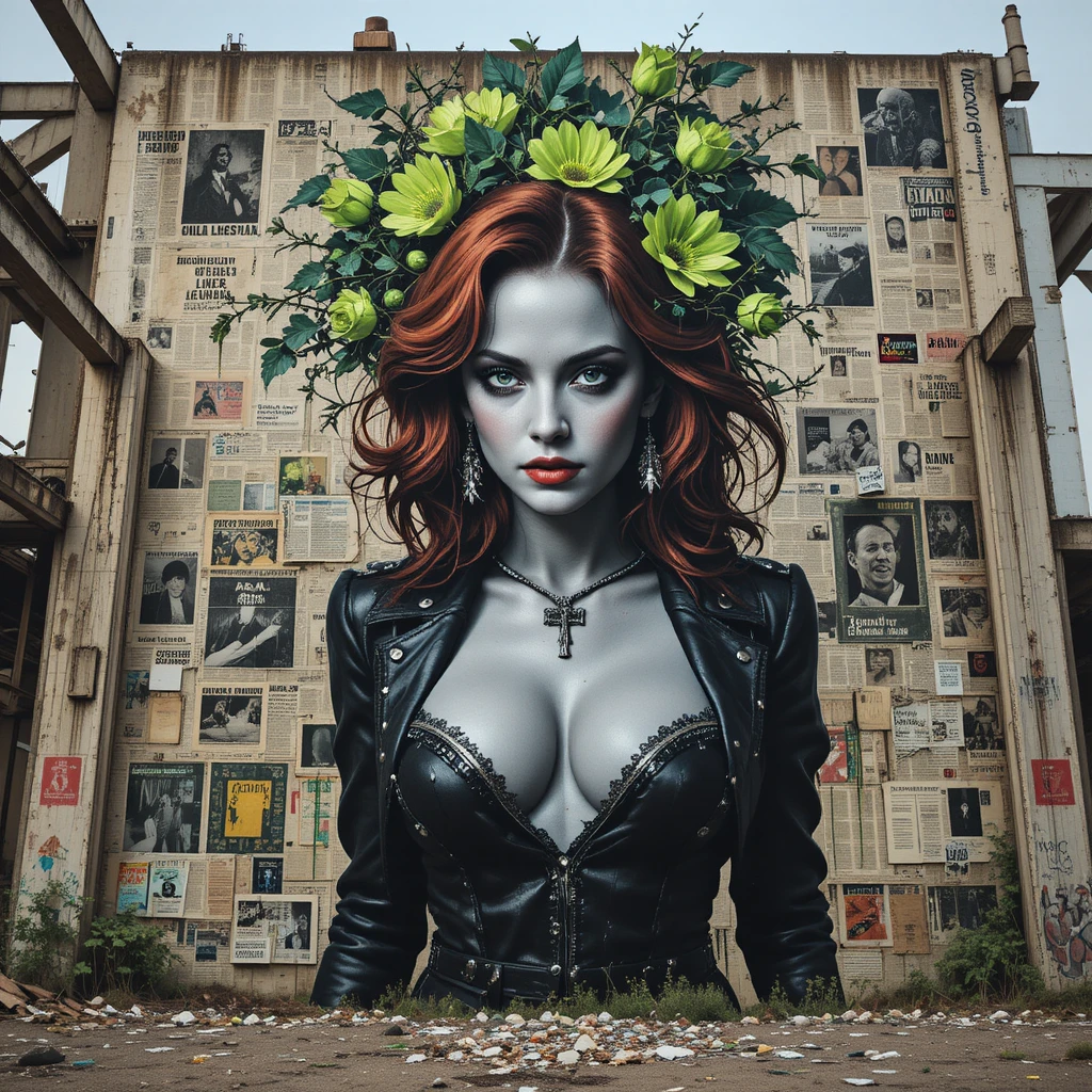 Mural femme fatale em estilo Banksy em parede industrial decadente
