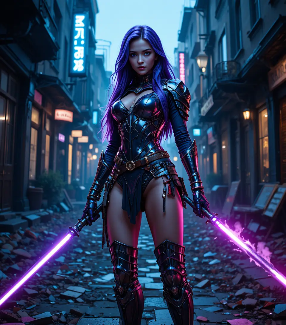 Purple haired female warrior in armor on neon city street