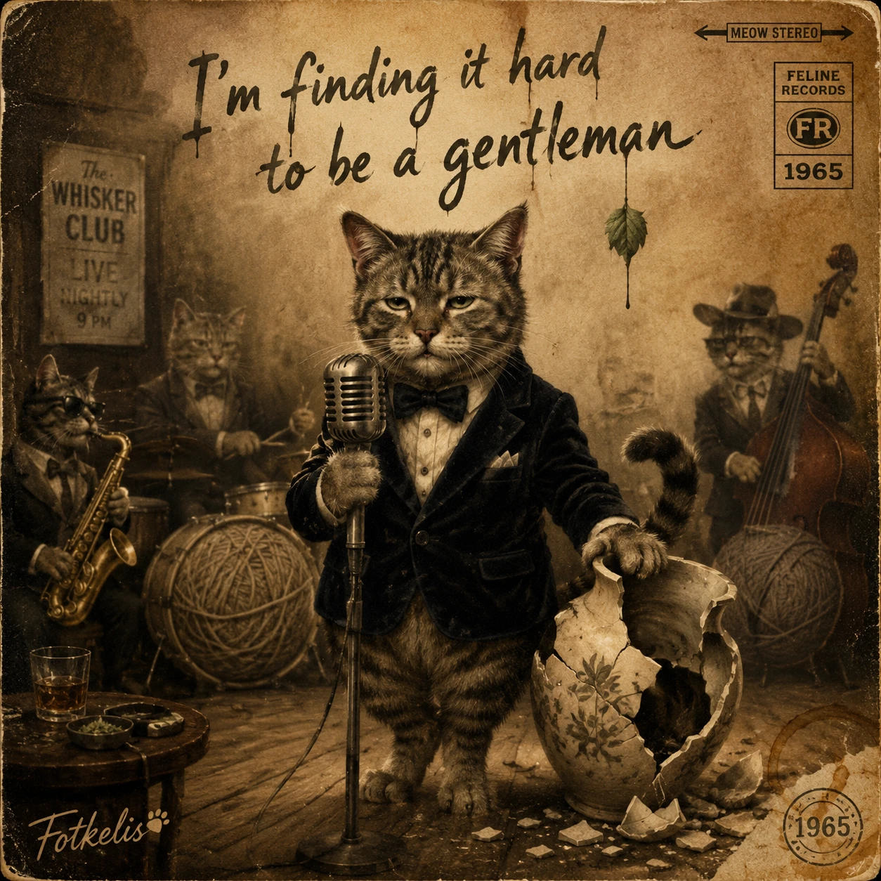 Cantor mal-humorado rajado em capa de álbum vintage de gatos
