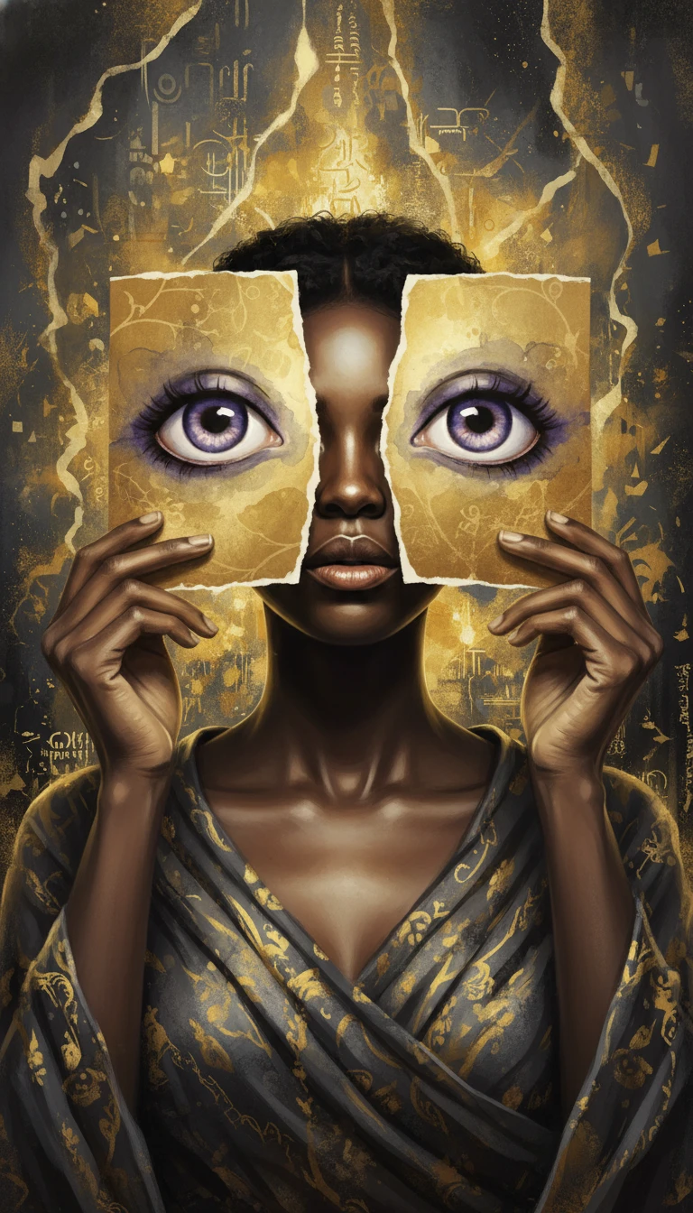 Retrato etéreo de uma mulher negra com páginas douradas de arte