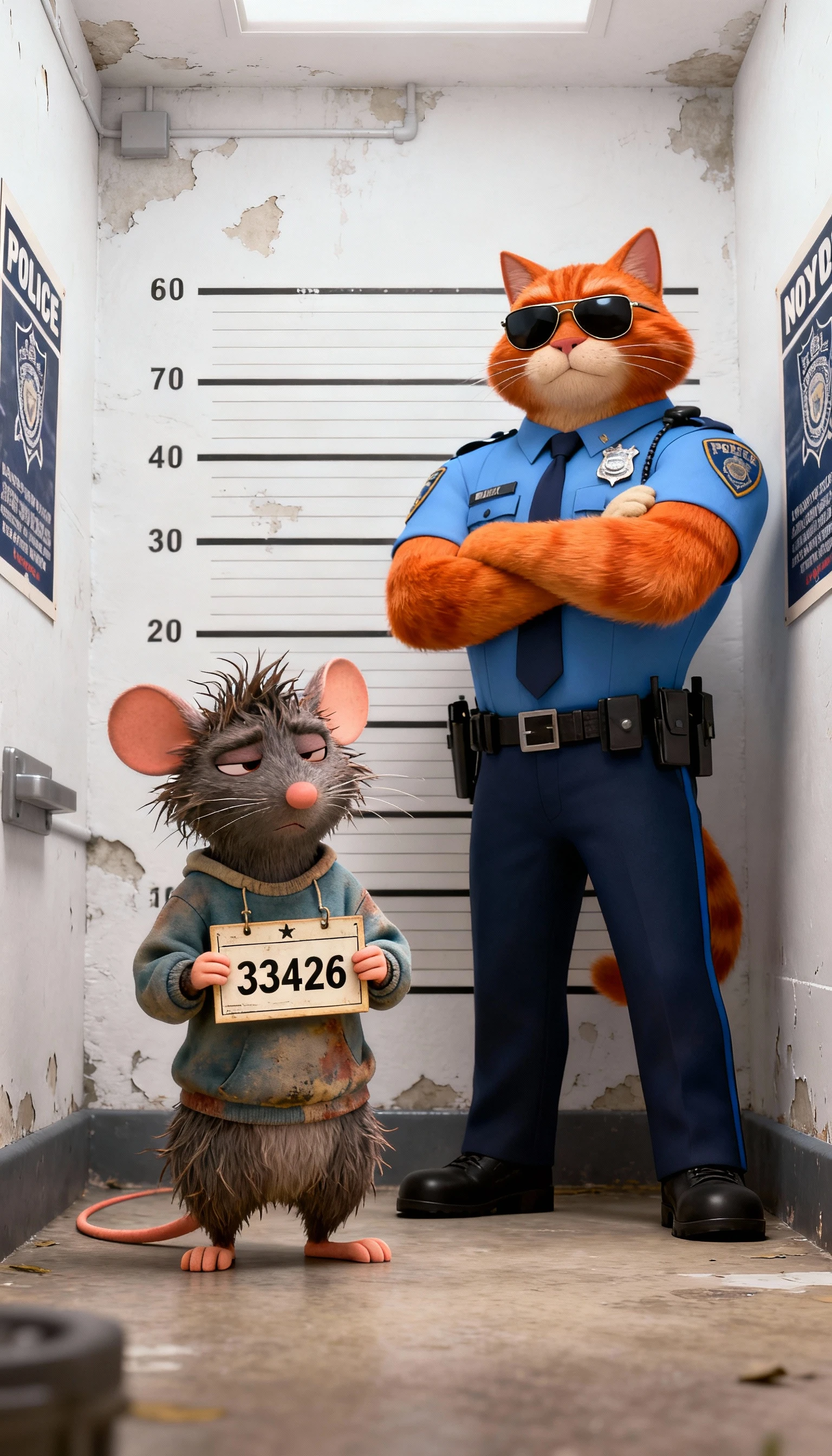 Cena divertida de ficha criminal em 3D com gato policial e rato desalinhado
