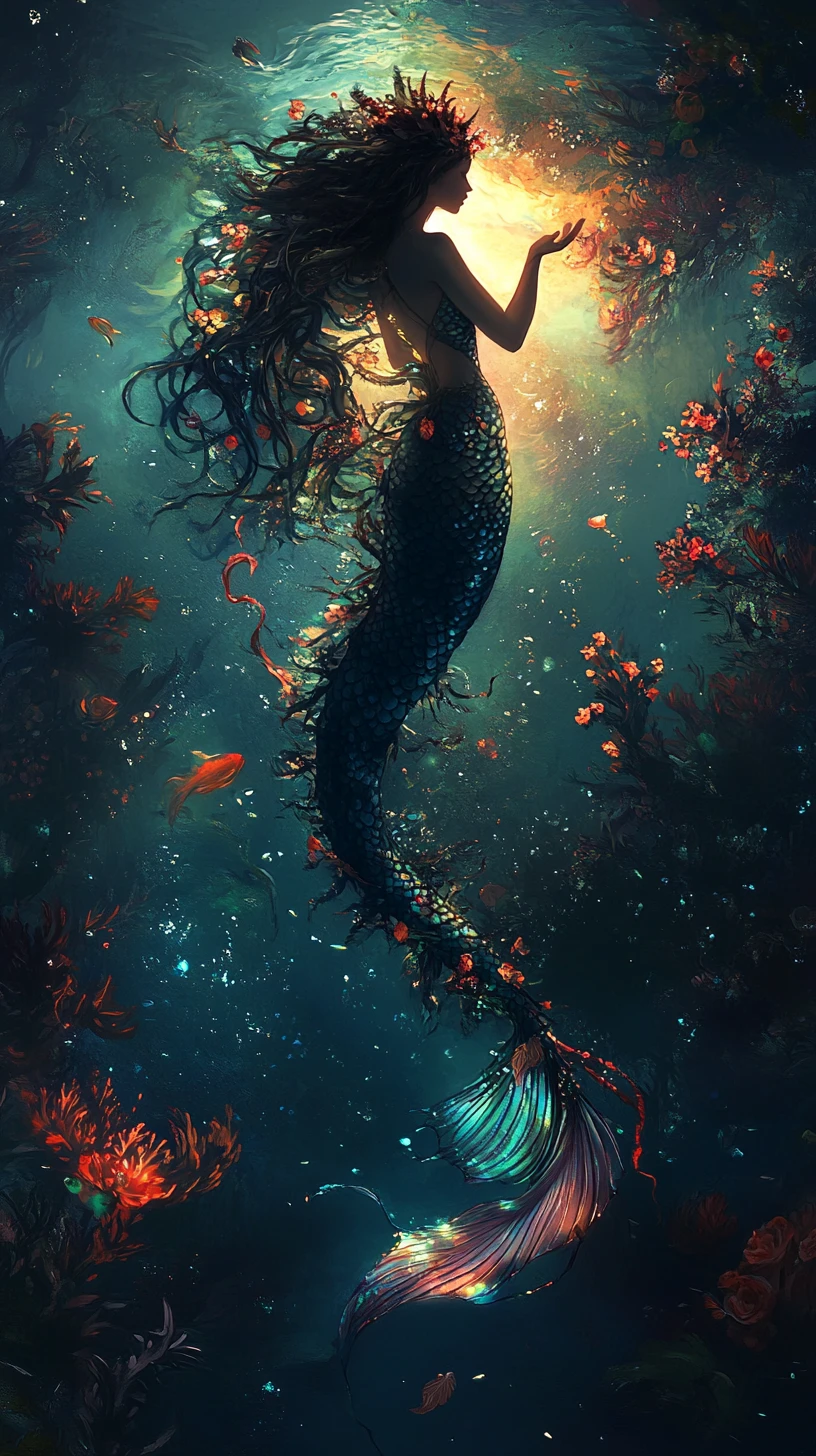 Sirena mistica tra fiori scuri nelle luminose profondità marine