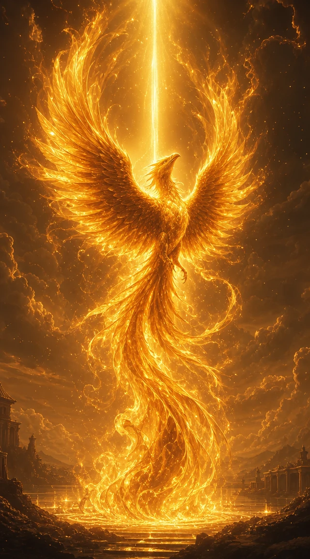 Fênix radiante elevando-se em um feixe vertical de luz dourada