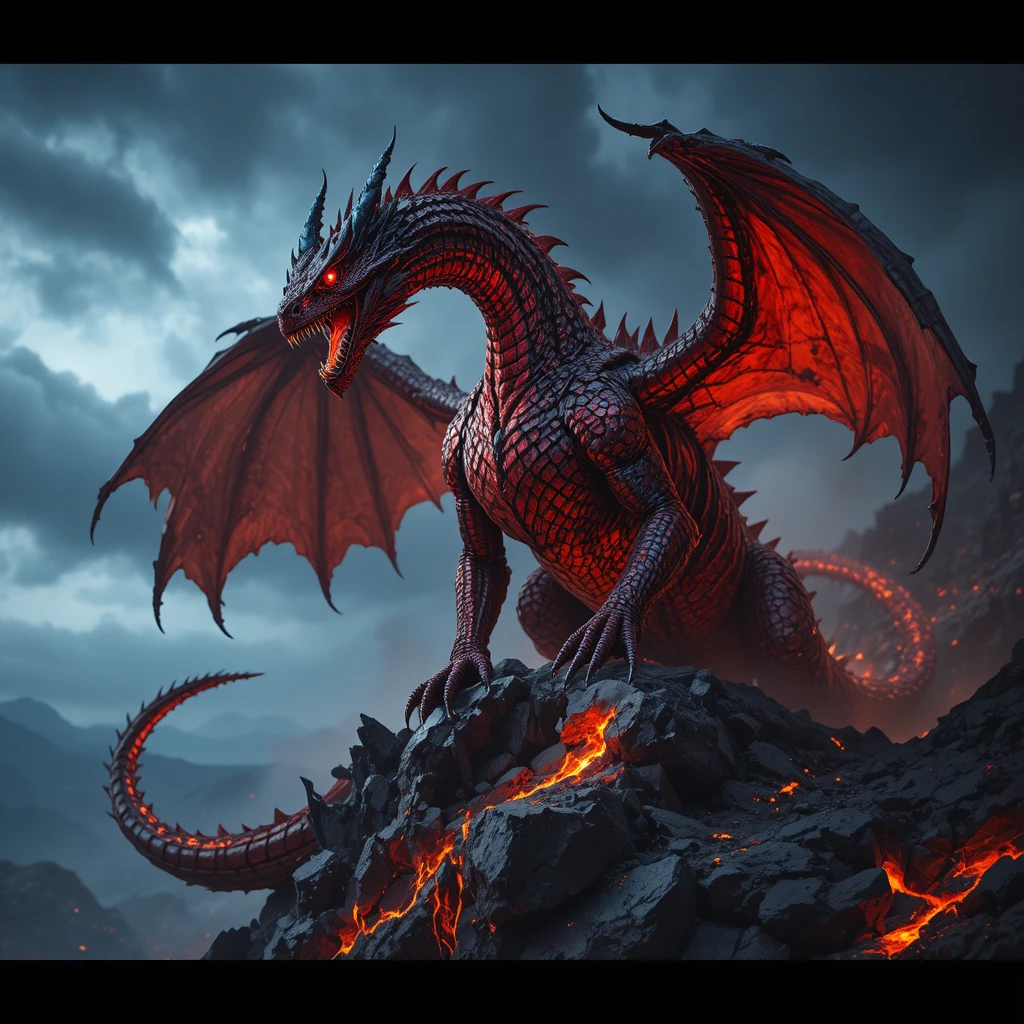 Uralter roter Drache auf einer zerborstenen Vulkanklippe