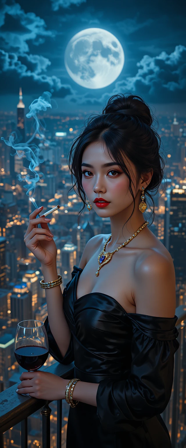 Femme élégante sur le balcon d’un gratte-ciel sous la pleine lune