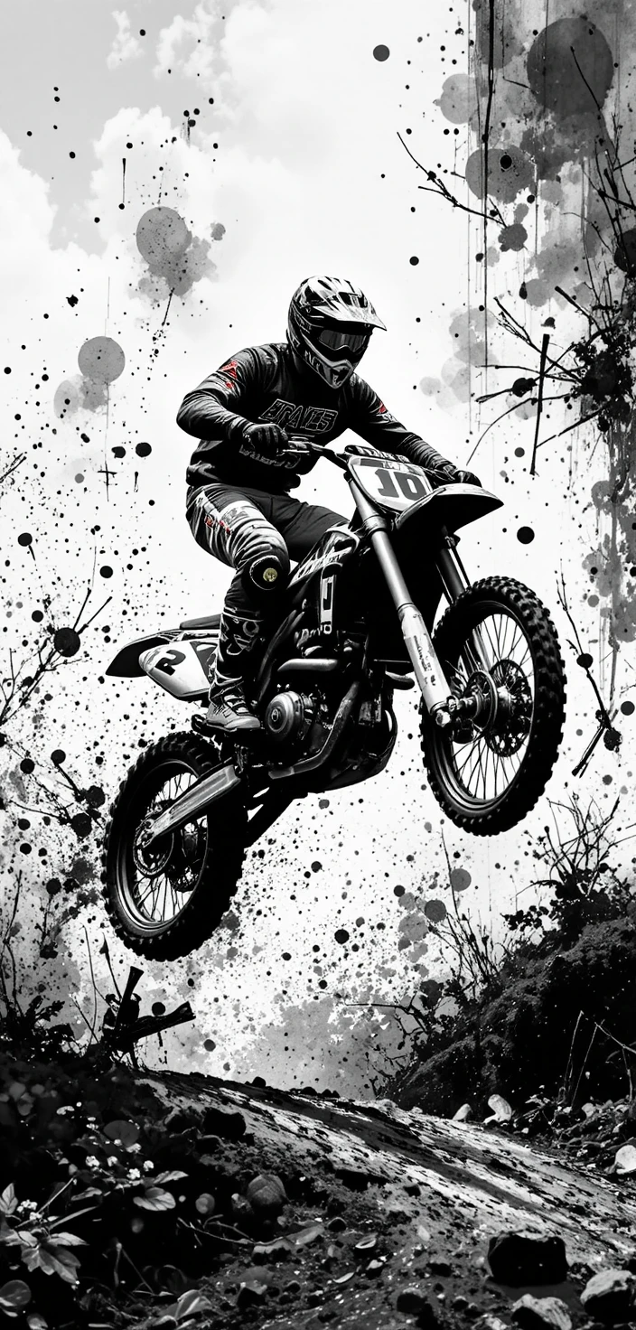 Piloto de motocross voando no ar em moto off-road