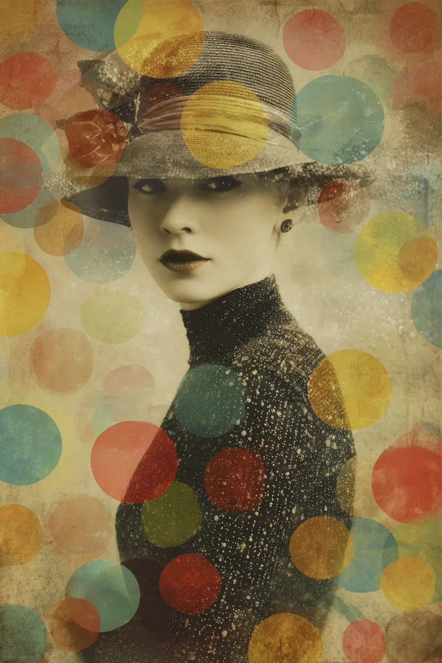 Whimsical mixed media print with abstract disco dot bokeh