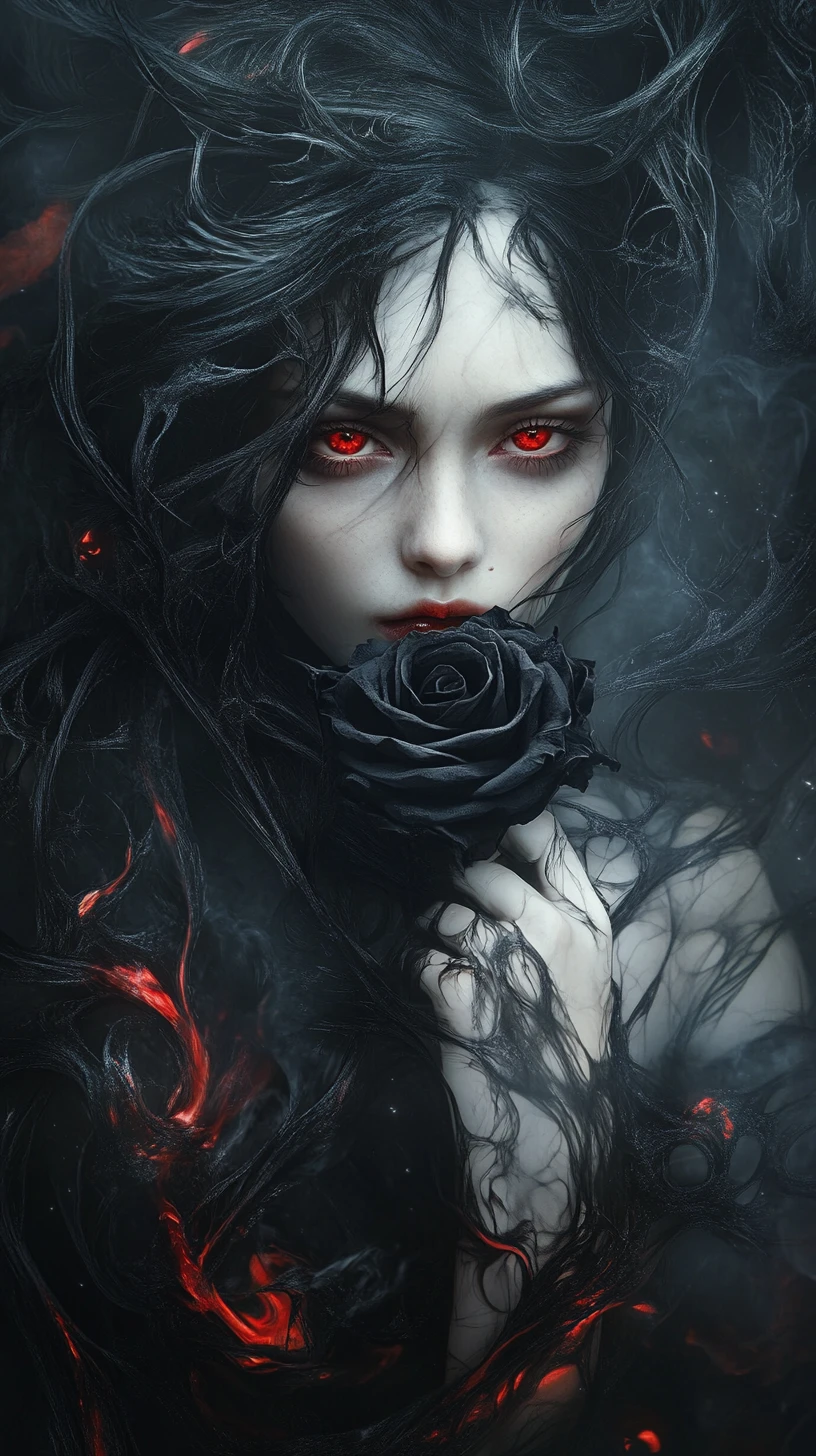Mulher de cabelos escuros com rosa negra em um vazio em espiral