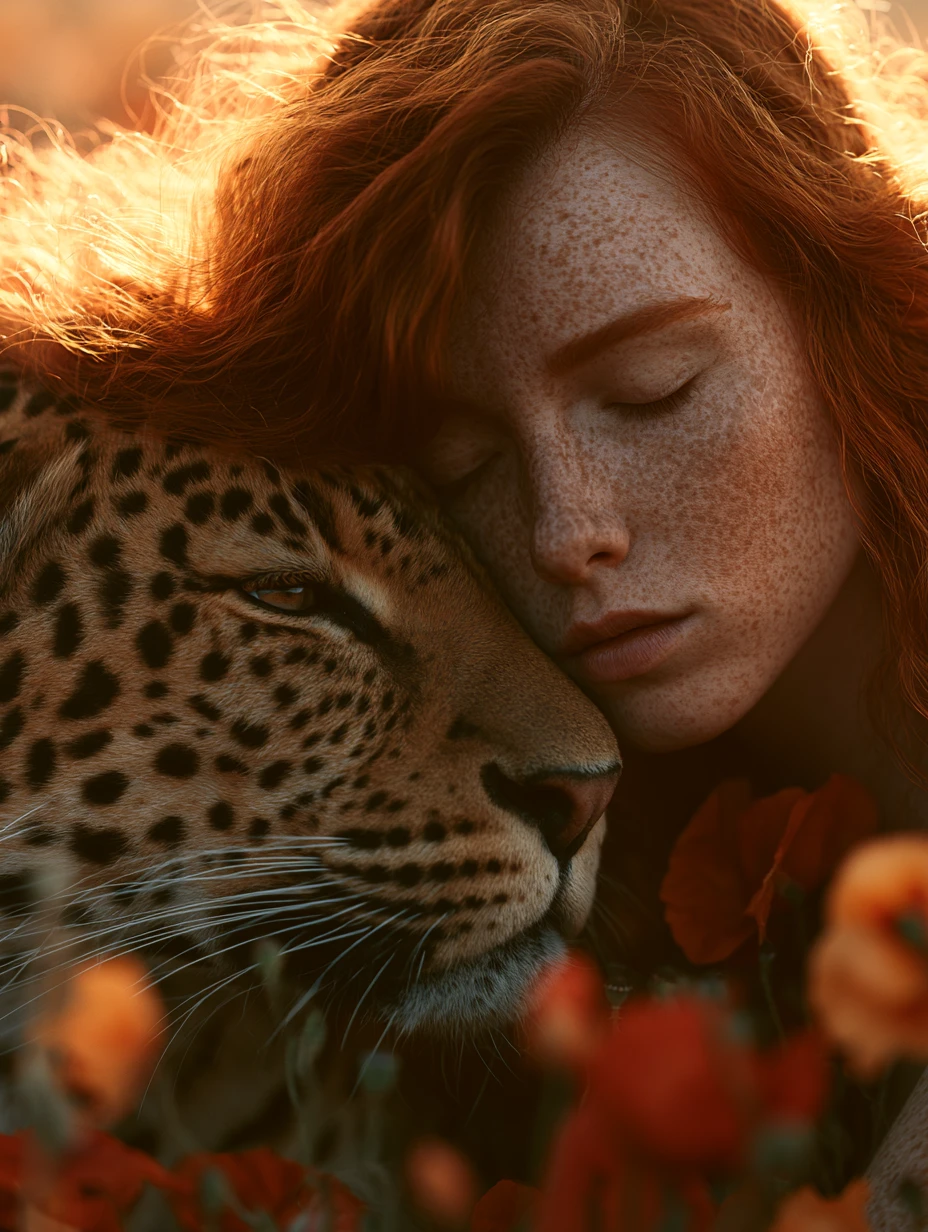 Red haired girl resting with leopard in poppy field