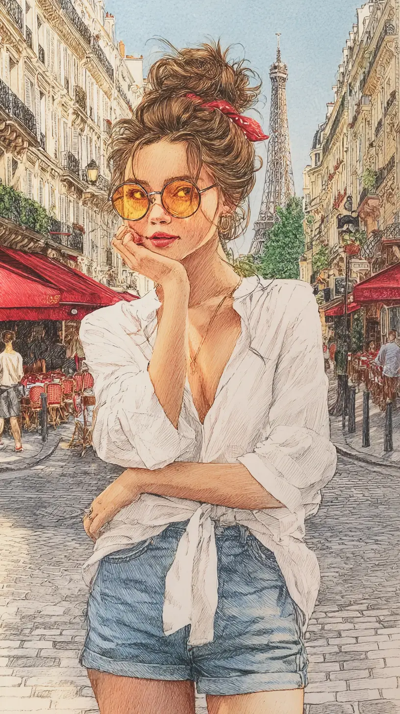 Mulher estilosa em rua de Paris ilustração em lápis de cor
